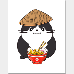 Funny fat cat is eating noodles Posters and Art